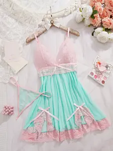 Women's Sweetheart Lace Trim Lingerie Sleepwear Set, Bow Tie Design Fitted Nightgown & Underwear Included, Comfortable Home Wear