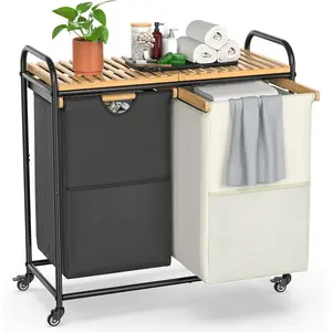 Laundry Hampers 2 Section, Laundry Sorter with Removable Shelf and Pull-Out Bags, Clothes Hampers with Wheels Rolling Cart Basket for Laundry Room, 2 x 50 L (Black White)