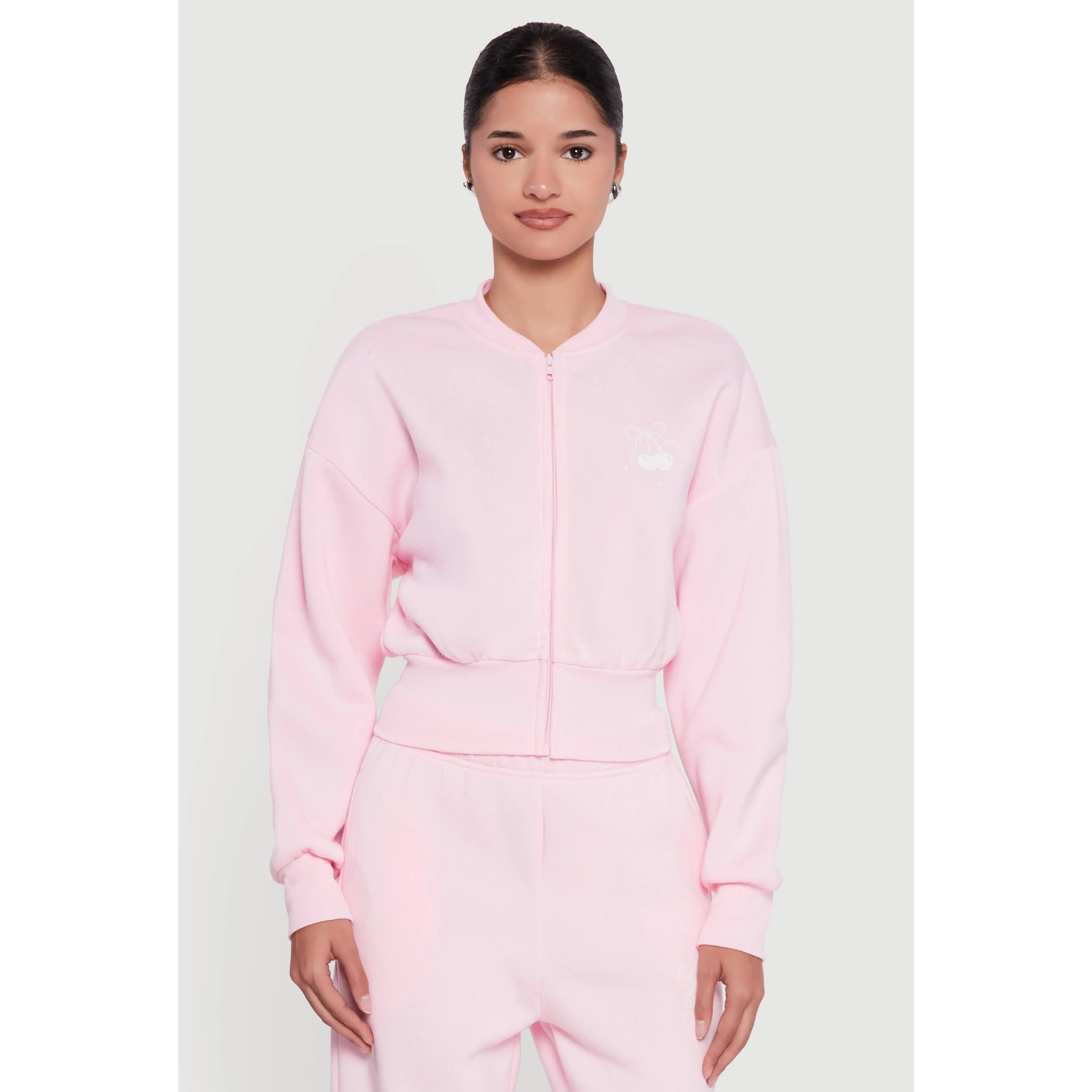 Cherry Bow Graphic Detail Zip Front Sweatshirt