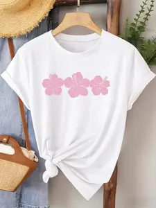 Elegant Short-Sleeved Top for Women, Hibiscus Flower Print, Spring & Summer Wear, Casual Style, Loose-Fitting, Perfect for Commuting