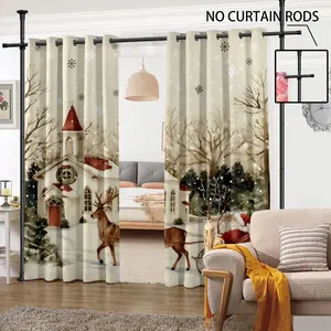 2-piece Christmas snow-themed curtains contain church reindeer Santa Claus elements and perforated curtains. They are suitable for machine-washable decorative curtains in living rooms, bedrooms, kitchens, etc.