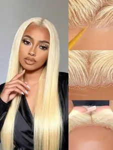 Glueless 613 Blonde 13x4 150% Density Lace Front Silky Straight Wig Human Hair Wear And Go Pre-Plucked Natural Hairline Brazilian Blonde Straight Wig HD Transparent Lace Front Wig
