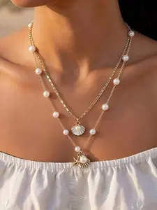 Bohemian Beach Seashell Clavicle Chain | Summer Seaside Starfish and Shell Faux Pearl Necklace Set | Pearl Beach Boho Layered Necklace