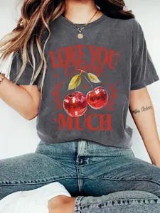Women's Cherry & Letter Print Round Neck Tee, Vintage Trendy Casual Short Sleeve T-shirt for Daily Wear, Ladies Summer Clothes