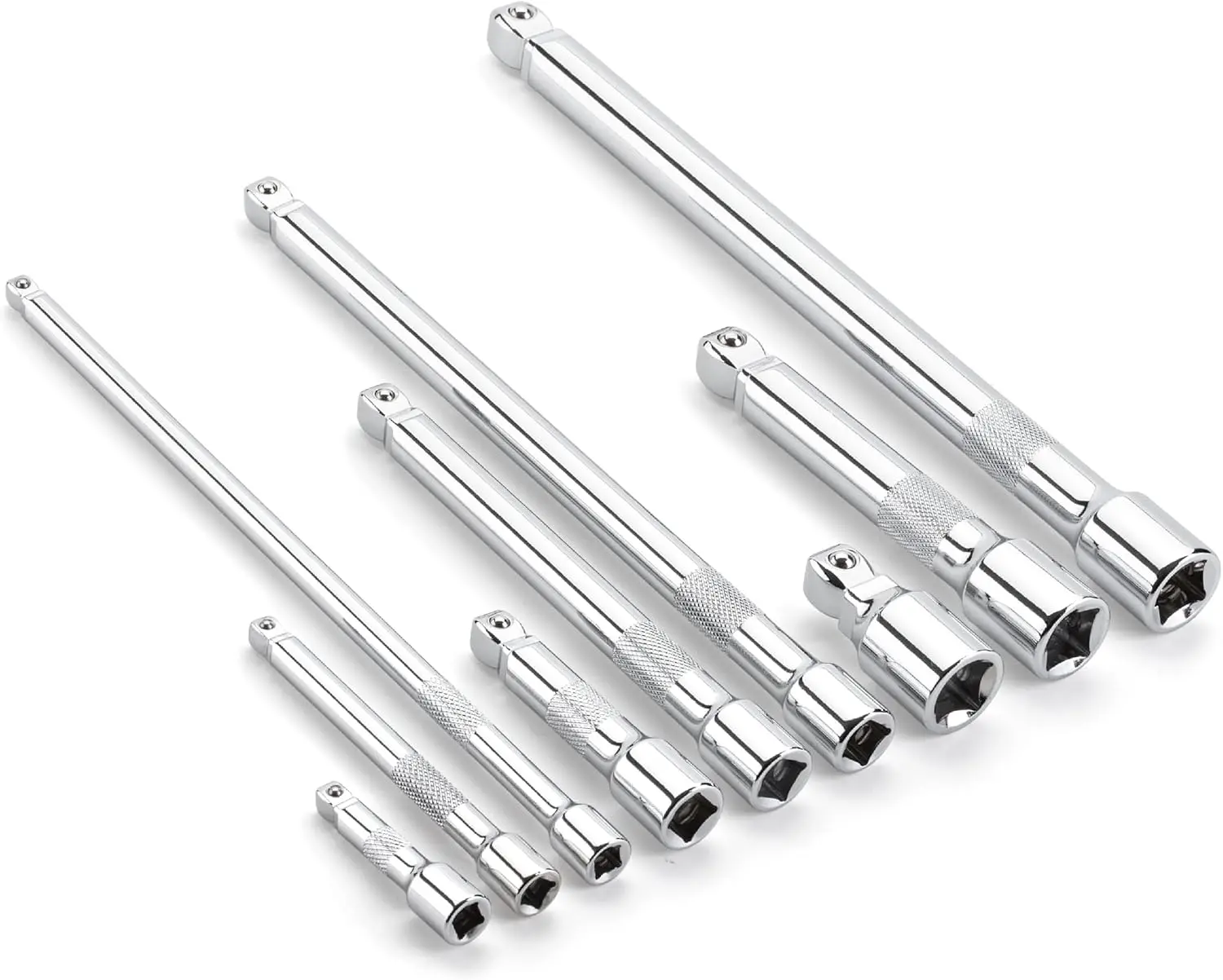 New Bates 9-Pc Multi-Size Extension Bars Set - 1/4" (2"/4"/9"), 3/8" (3"/6"/9"), 1/2" (2"/5"/10") Drive, High-Strength Steel, Chrome Plated, Torque Resist, Wobble Angle, Storage Box