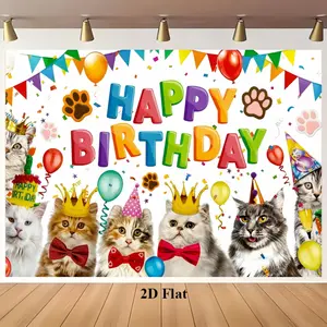 Cute Kitten Kitty Cat Pet Animal Theme Happy Birthday Banner, Perfect for Party Decoration & Photo Props, Durable Design for Indoor/outdoor Use
