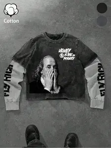 Men's Loose Fit Franklin Print Two-Piece T-Shirt, Vintage Graphic, Colorblock Sleeves, Casual Streetwear, Spring Summer