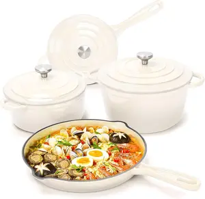 Elf Grill 7-Pc Enameled Cast Iron Set - 2 Dutch Ovens, Skillet & Pan with 3 Lids, Ceramic Nonstick, PFOA-Free, Gas/Induction/Oven Safe to 500°F, Cream White for Baking & Casseroles, Modern Kitchenware - Pots