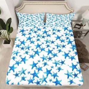 Starfish Bedding Fitted Sheet Ocean Beach Marine Life Decor Bed Sheet Set for Kids Boys Girls Coastal Beach Theme Bedding Sheets Blue Bed Cover Bedroom Collection
