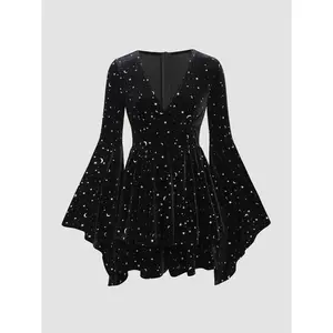 Women's Velvet V-neck Star & Moon Pattern Bell Sleeve Wizard Romper