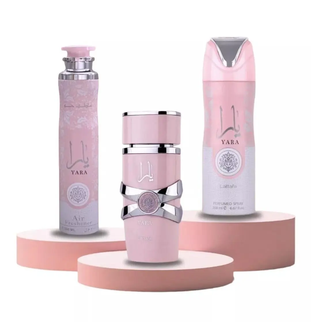 Lattafa Yara Women's Fragrance Gift Set - 100ml Eau De Parfum, 200ml Perfumed Body Spray, 300ml Tropical Fruits Car Freshener - Long-Lasting Floral Vanilla Scent, Long Lasting Perfumes, Vanilla Perfumes