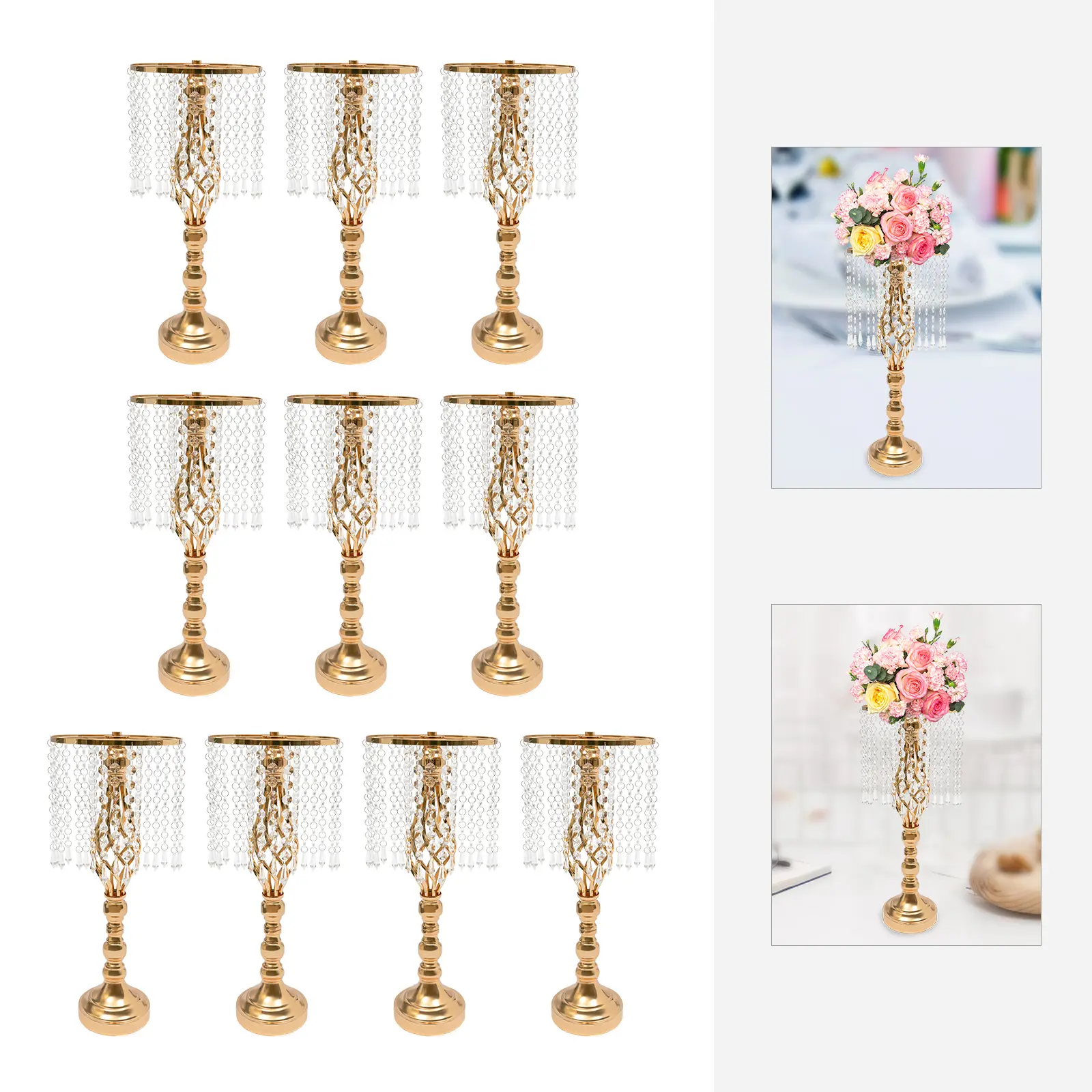 CNCEST 10-Pc 19.3in Tall Crystal Flower Stand Wedding Vase, Gold Finish Modern Iron Acrylic Electroplating Centerpieces, Party Decoration Supplies, Modern Elegant Decoration for Room Decor, Valentines Day Bouquet Displays