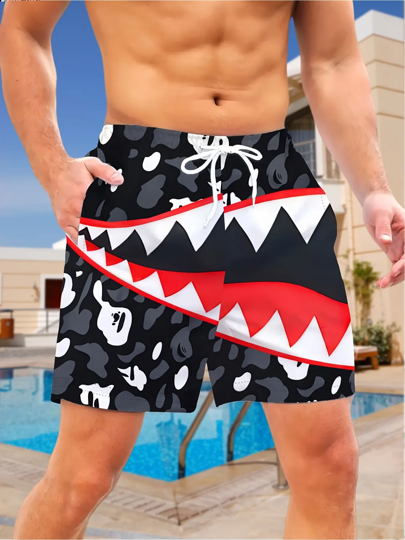 Summer 2025 best-selling shark-mouth 3D print Casual Fitted short pants for men - trendy, Tropical and fashionable beach pants