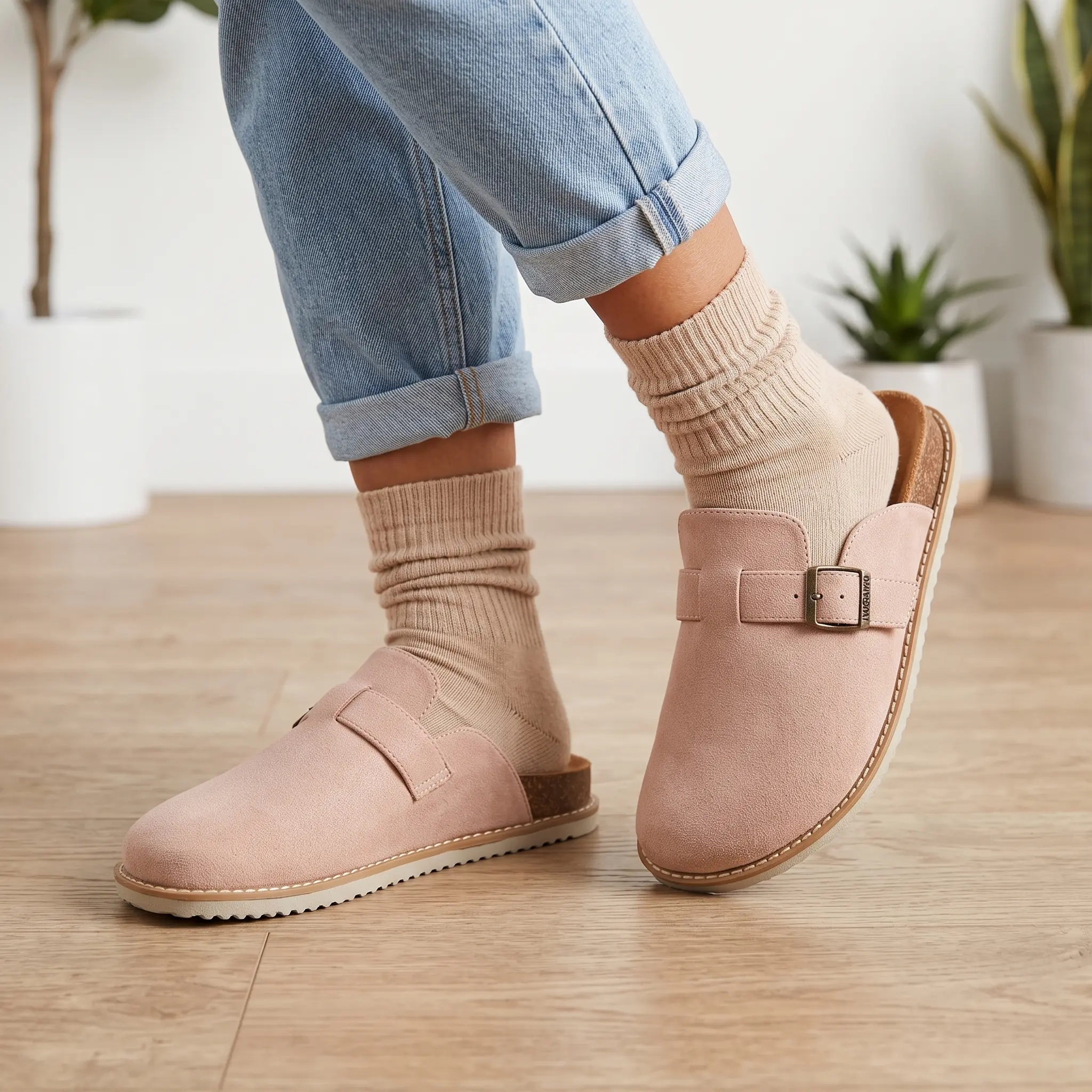 Cork Footbed Suede Clogs for Women - Memory Foam Orthopedic House Shoes with Arch Support