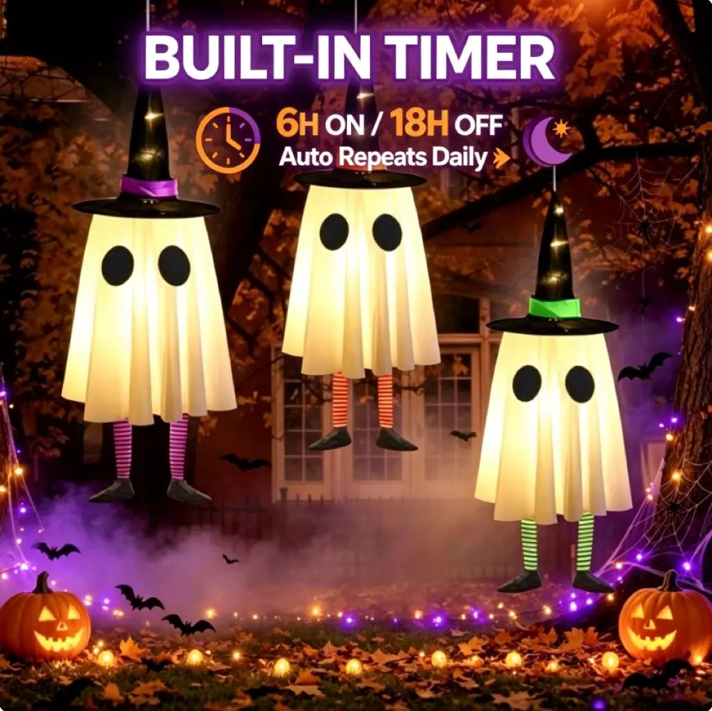 3 Pcs Cycle Timer Halloween Hanging Ghosts, Halloween Ghost Decor with Witch Hat  for Outdoor | Set of 3, Unique Ghost & Witch Fusion Design, Indoor and Outdoor Use, Cute and Spooky Design, Soft Lightweight Fabric
