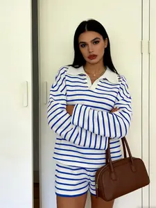 Women's Striped Knit Long Sleeve Top & Casual Shorts Set, Fashionable Loose Fit Two-Piece, Striped Sets, Commuter Style Women's Clothing, Striped Lounge Set