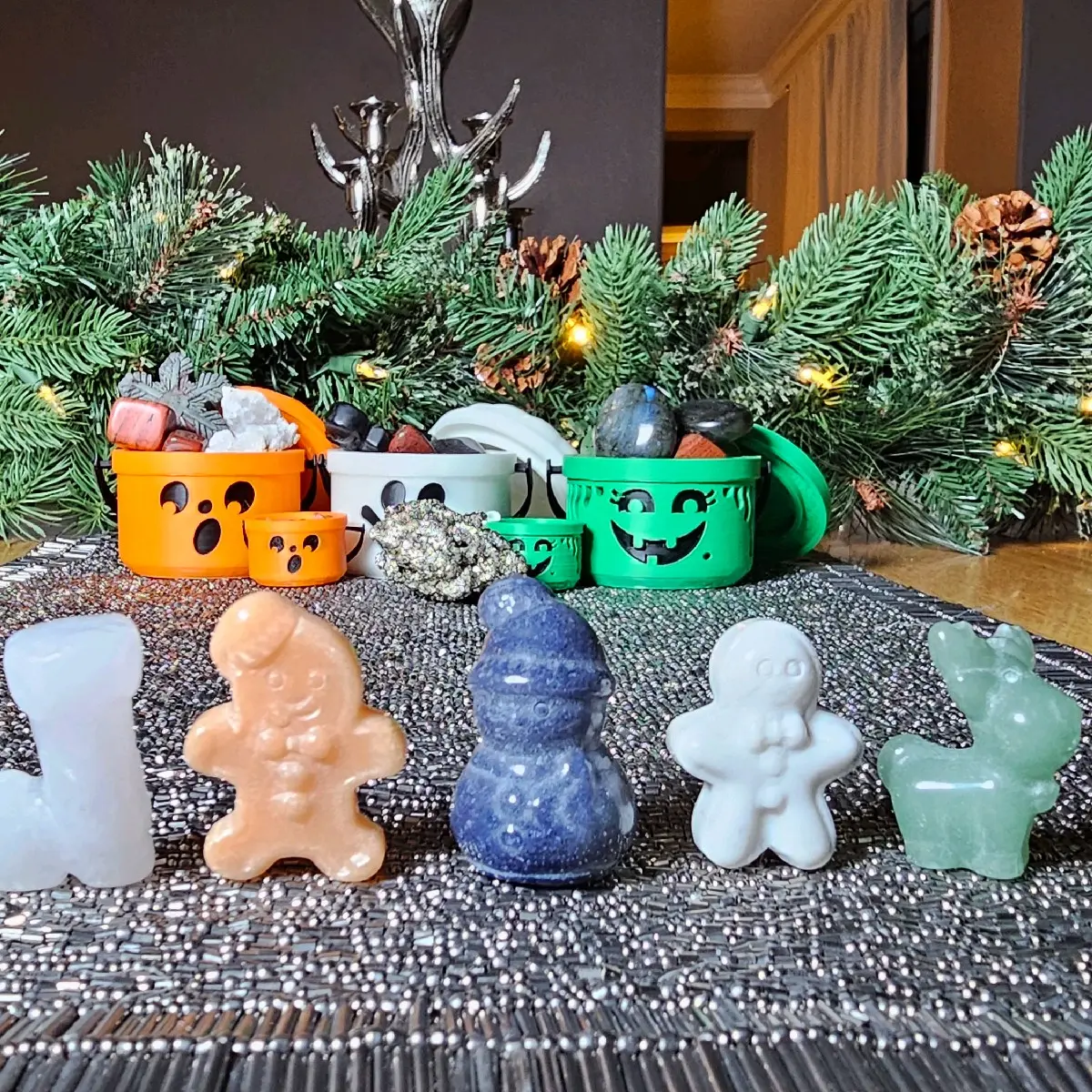 Christmas Crystal Carvings Boo Bucket Set, Pre-filled Halloween Pail with Santa & Reindeer Shapes, Witch, Pumpkin & Ghost Options