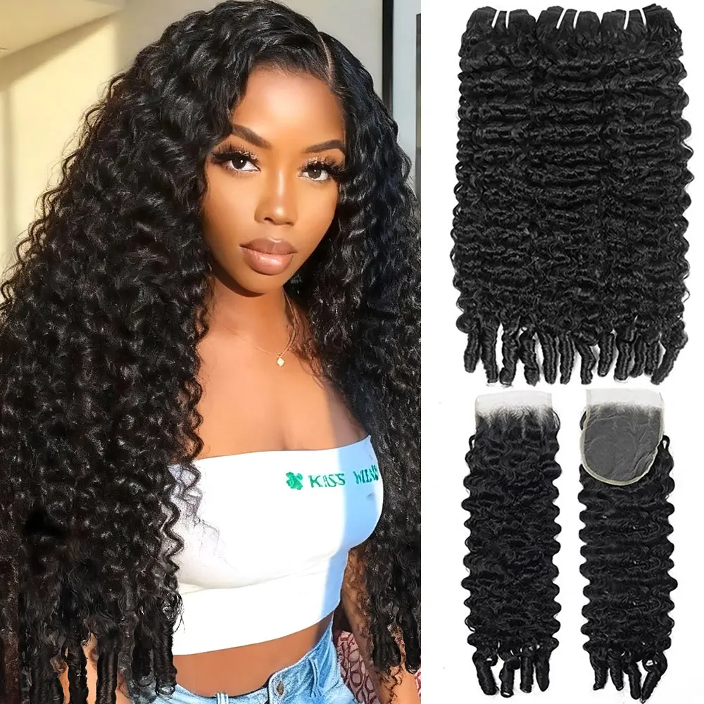 Burmese Curly Bundles With 4x4 Lace Closure Human Hair Unprocessed Burmese Raw Hair Extension Real Human Hair Natural Color Spiral Curly Hair Weft Extensions