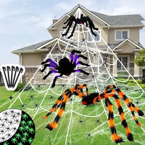 276-Inch Giant Halloween Spider Web Decoration Set with LED Light | 3 Large Spooky Spiders (50”, 20”, 12”) & 20 Glow-in-the-Dark Spiders | Outdoor Cobweb Kit for Yard, Lawn & Home kid halloween