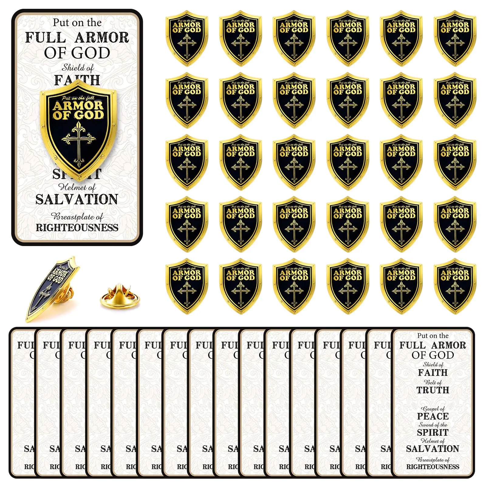 Christian Pins 30 Sets Lapel Pin Religious Armor of God Pins Cross Pins Enamel Lapel Pins with Positive Cards Christian Religious Gift for Men Women Backpacks Jeans Hats Decoration Church Sunday School Baptism