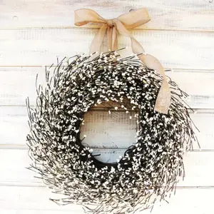 Berry Branch Wreath, 18-Inch All-Season Front Door Wreath, Burlap Bow, Rustic Farmhouse Style, Neutral Wall Decor