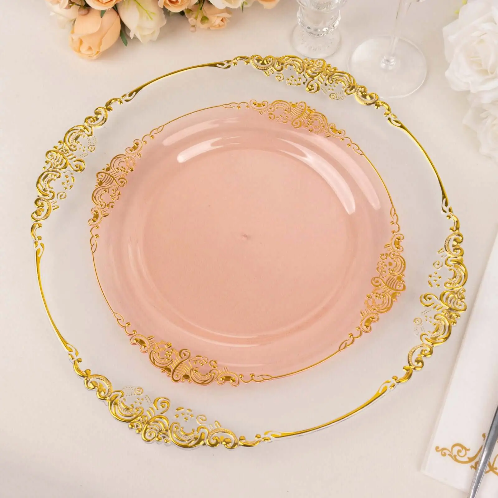 10-Pack 10" Transparent Blush Pink Disposable Plastic Round Dinner Plates - Gold Leaf Embossed Rim, Vintage Baroque Style, Elegant Plastic Plates for Wedding Party Supplies, Disposable Tableware