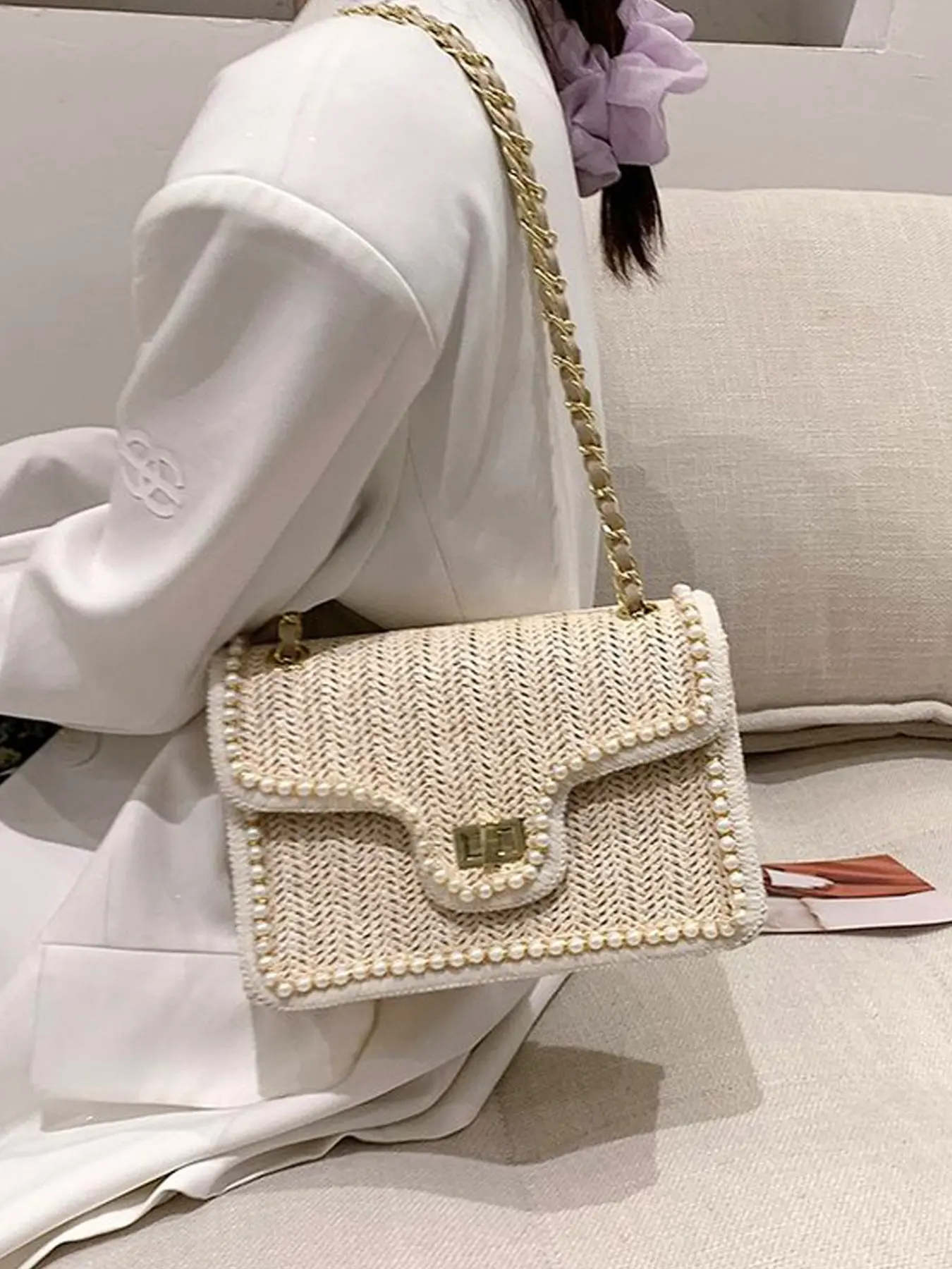Women's Summer Beach Woven Braided Stylish Crossbody Bag, Pearl Decor Mini Satchel, Lightweight Knit Shoulder Purse for Women, Elegant Shoulder Bag
