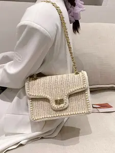 Women's Summer Beach Woven Crossbody Bag, Pearl Decor Mini Satchel, Lightweight Knit Shoulder Purse for Women
