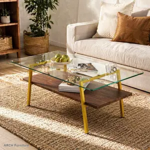 Modern Rectangular Coffee Table - Modern Furniture, Tempered Glass Tabletop, Gold Metal Legs, Easy Setup, High Load-Bearing Sofa Table for Living Room