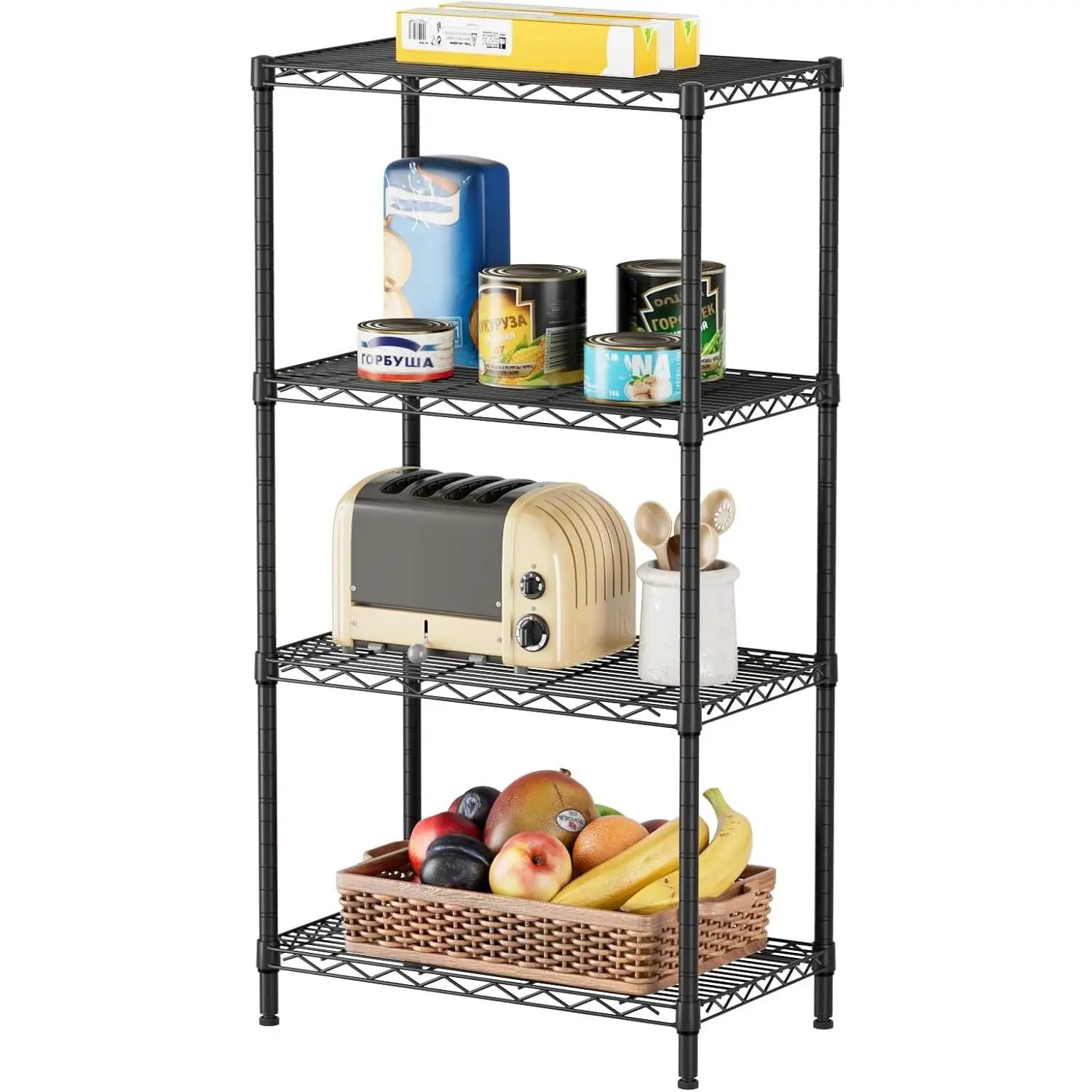 4 Tier Adjustable Wire Shelving Unit, 14" D x 24" W x 48" H, Metal Storage Rack for Kitchen, Pantry, Closet, Bathroom, Laundry Room & Garage, Black