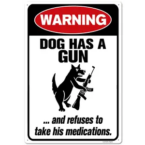 8" x 12" Funny Aluminum Sign Dog Cat Has A Gun And Refuses To Take His Medications - Warning Metal Sign for Home and Yard