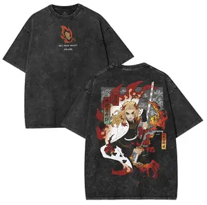 Rengoku Surrounded by Flames from Demon Slayer Washed Tee – Set Your Heart Ablaze in Vintage Graphic | 90s graphic good tees Casual American Short Sleeve T-shirt | Oversized Vintage Anime Washing T-Shirt, Anime-Themed Crew Neck Printed T-Shirt