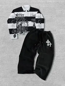 Men's two-piece set: a black and white striped saint print fitted short sleeve pullover sweatshirt and a pair of casual sweatpants decorated with letters, stars, and prints. Suitable for everyday wear or as a gift. Knit Clothing Sets
