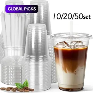 10/20/50pcs Transparent Plastic Cups with Lids and Straws, 16oz Reusable Drinking Cups for Iced Coffee, Smoothies, Parties & Weddings #GLOBAL PICKS