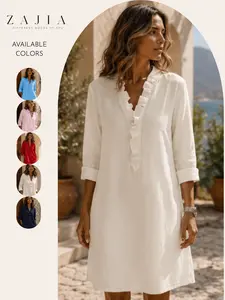 Women’s Ruffle V Neck Linen Dress, Casual Long Sleeve Shift Dress with Pockets, Elegant Slim-Fitting Dress for All Seasons