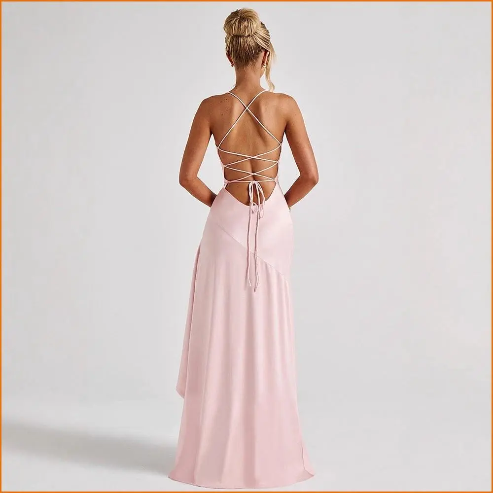 KODA & CO 04 Summer New Elegant Satin Maxi Dress, Spaghetti Strap Ruffle High  Slit Gown - TikTok Shop
