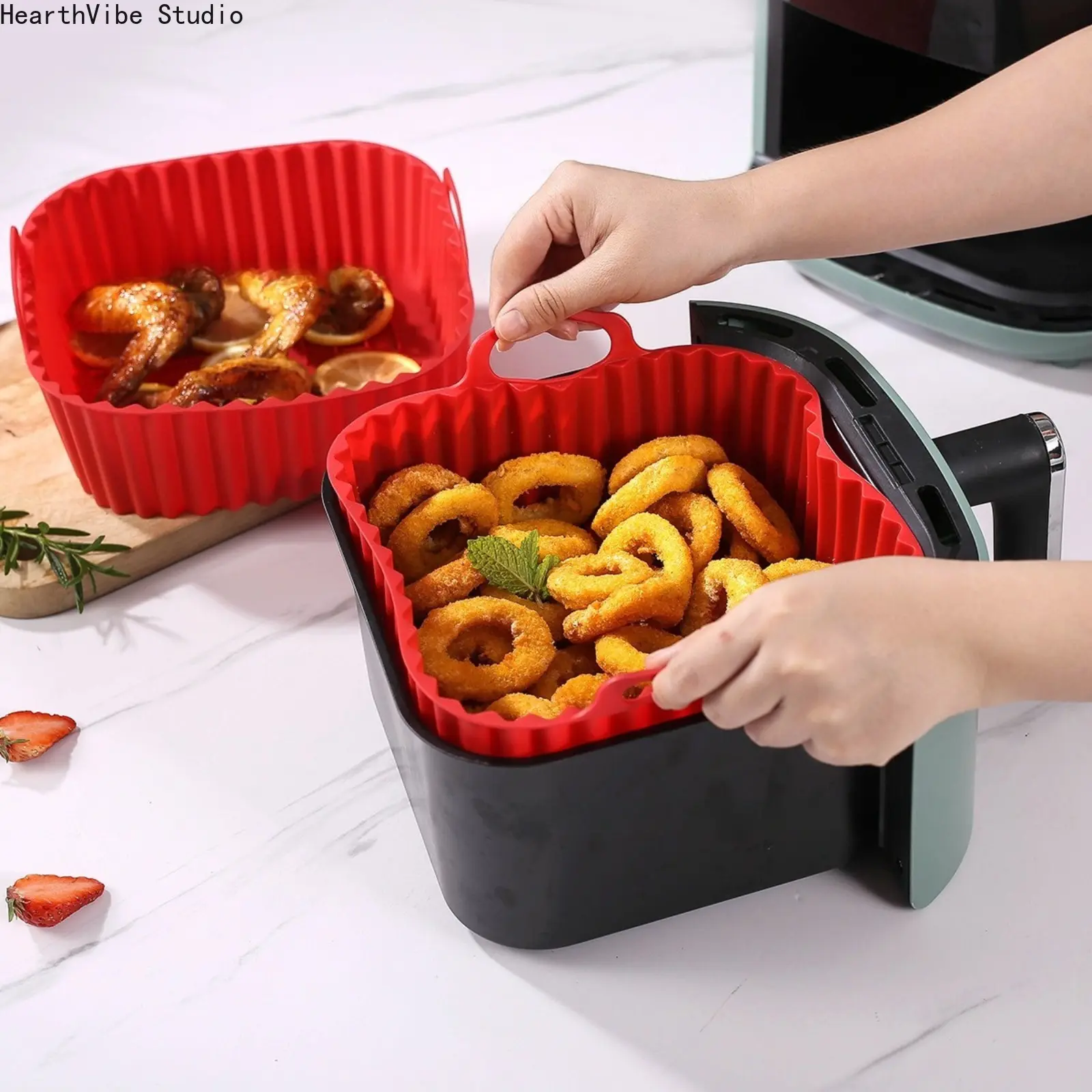 Silicone Air Fryer Liners Set of 2, Reusable Square Food-Grade Kitchen Basket with Oil Drainage, High Heat Resistant & BPA-Free for 3-5 QT, Eco-Friendly, High Heat Res.