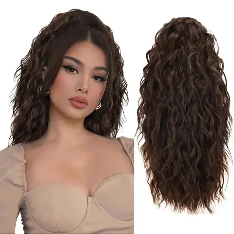 AISI HAIR 18" Soft Curly Synthetic Fiber Extension Ponytail - High Elasticity Claw Clamp Clip-In, Heat-Resist Hairlike, Comfortable Secure Hold for Female Ponytail Hairstyles, Blonde Black, One Size