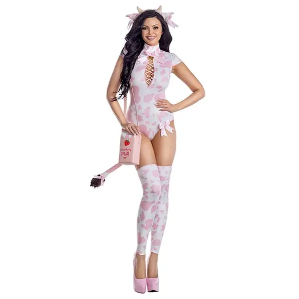 Sexy Strawberry Milk Cow Bodysuit Costume for Women