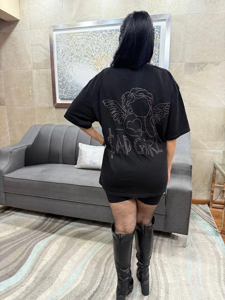 Sad Girl Tee - Loose-Fitting One Size Fits Small to XL Oversize Black T-Shirt with Graphic Design