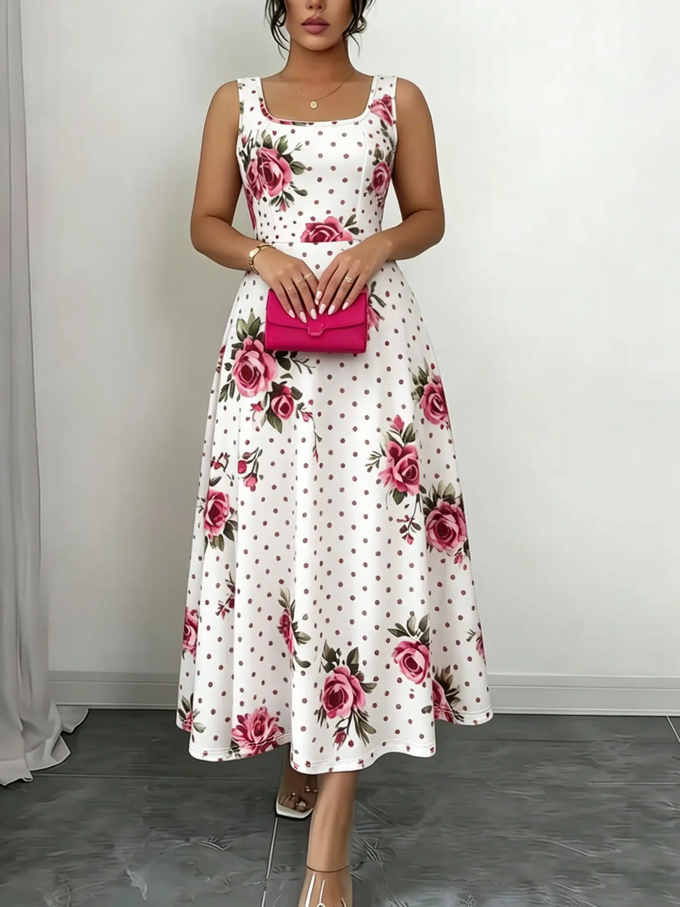 Women's Knit Sleeveless Floral Printed Dress, Square Neck, Fitted Waist, Spring Summer, Polyester Spandex Blend, Casual Party Wear, Boho Printed Dress, Boho Casual Elegant