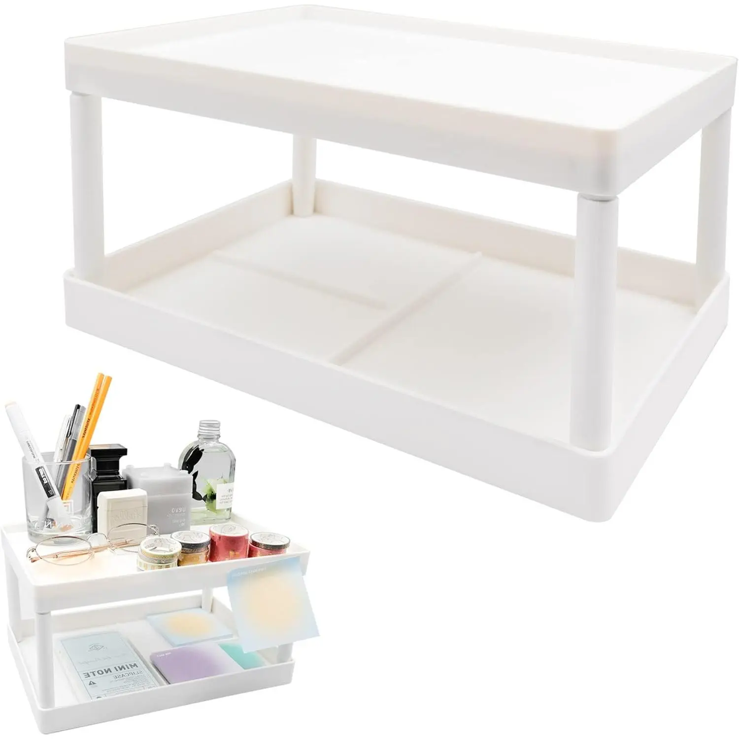 White Plastic 2-Tier Makeup Organizer & Skincare Display Shelf, Space-Saving Desktop Storage Rack for Bathroom Vanity, Kitchen, Modern, Rectangle, Tiered, Durable, Wardrobe, Pantry, Organize Items, Vanity Accessories, Multifunctional