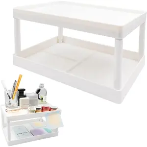 White Plastic 2-Tier Makeup Organizer & Skincare Display Shelf, Space-Saving Desktop Storage Rack for Bathroom Vanity, Kitchen