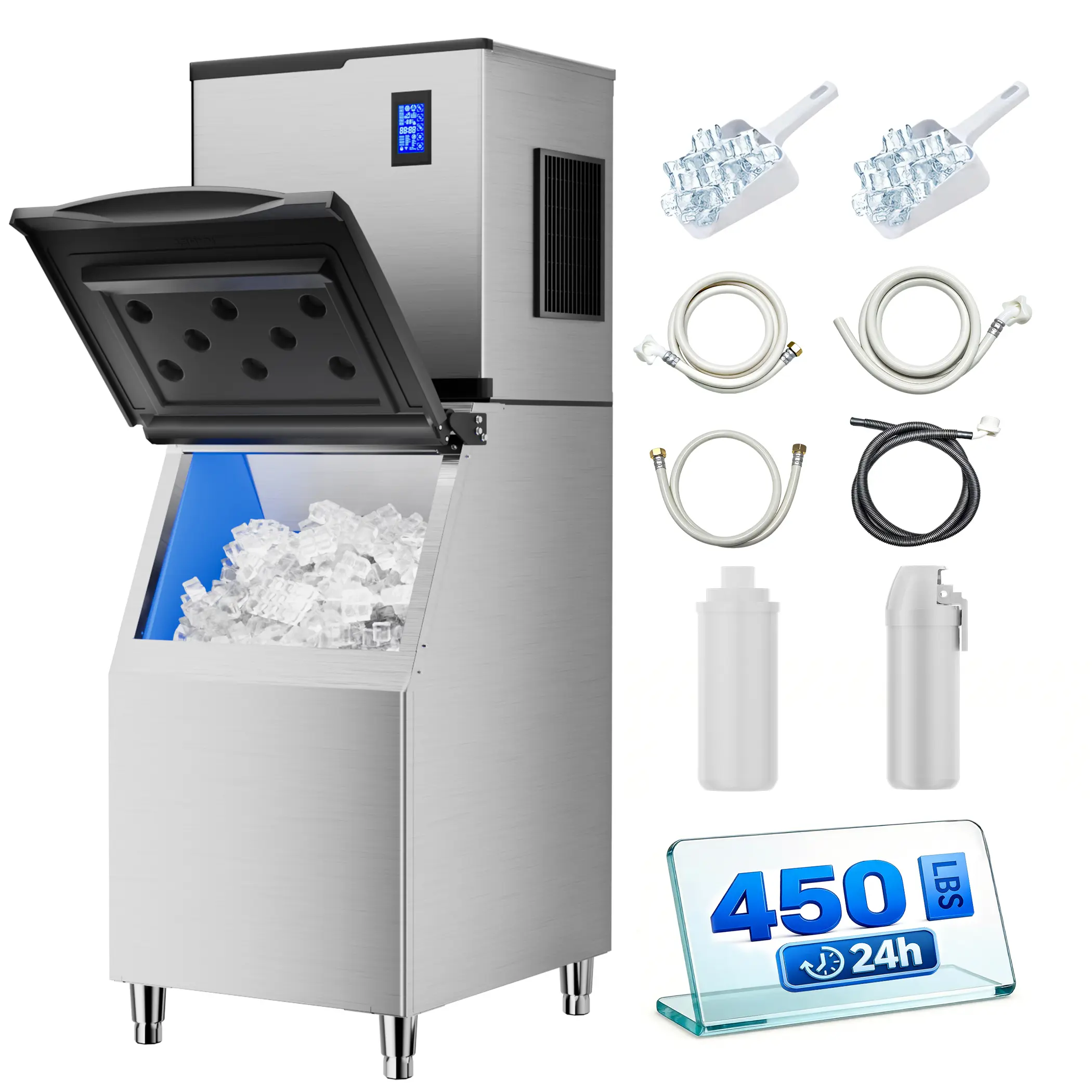 Coolake Commercial Ice Maker Machine 450lbs/24H with 350 lbs Storage, Air Cooled Stainless Steel Industrial Ice Maker, Self-Cleaning LCD Panel Modular Ice Machine for Bar Restaurant Cafe Hotel Church