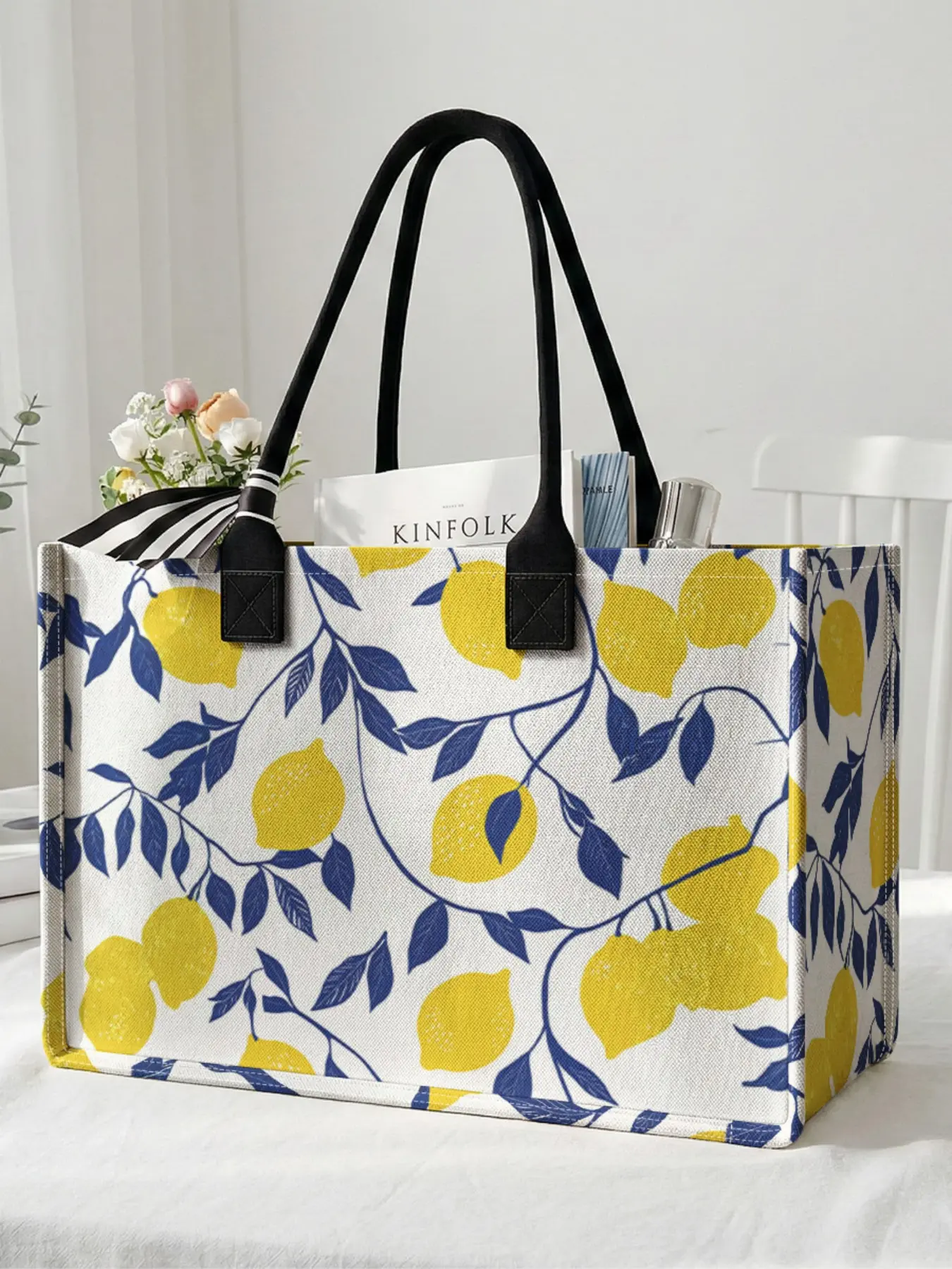 1 piece of 2D printed large capacity storage bag with lemon leaf pattern, Tote Bag, Casual Shopping Bag, Shopping Totes, sturdy handle, space-saving multi-purpose, suitable for use at school, on business trips, and shopping