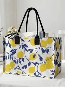 1 piece of 2D printed large capacity storage bag with lemon leaf pattern, extra large storage bag, Tote Bag, sturdy handle, space-saving multi-purpose, suitable for use at school, on business trips, and shopping