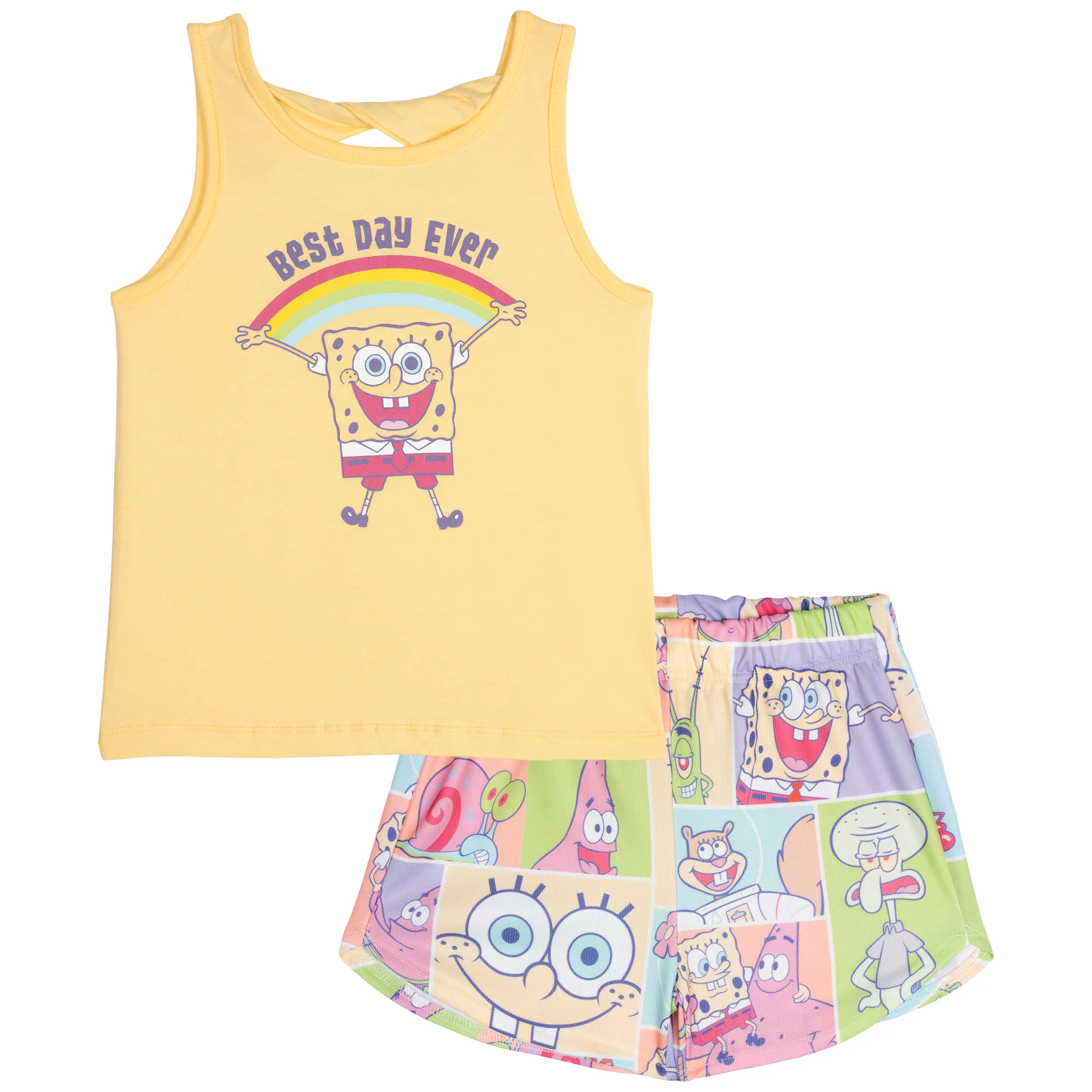 SpongeBob SquarePants Girls' Sleeveless Graphic Tee and Printed Mesh Athletic Bottoms Outfit with Elastic Waist Yellow Toddler to Big Kid