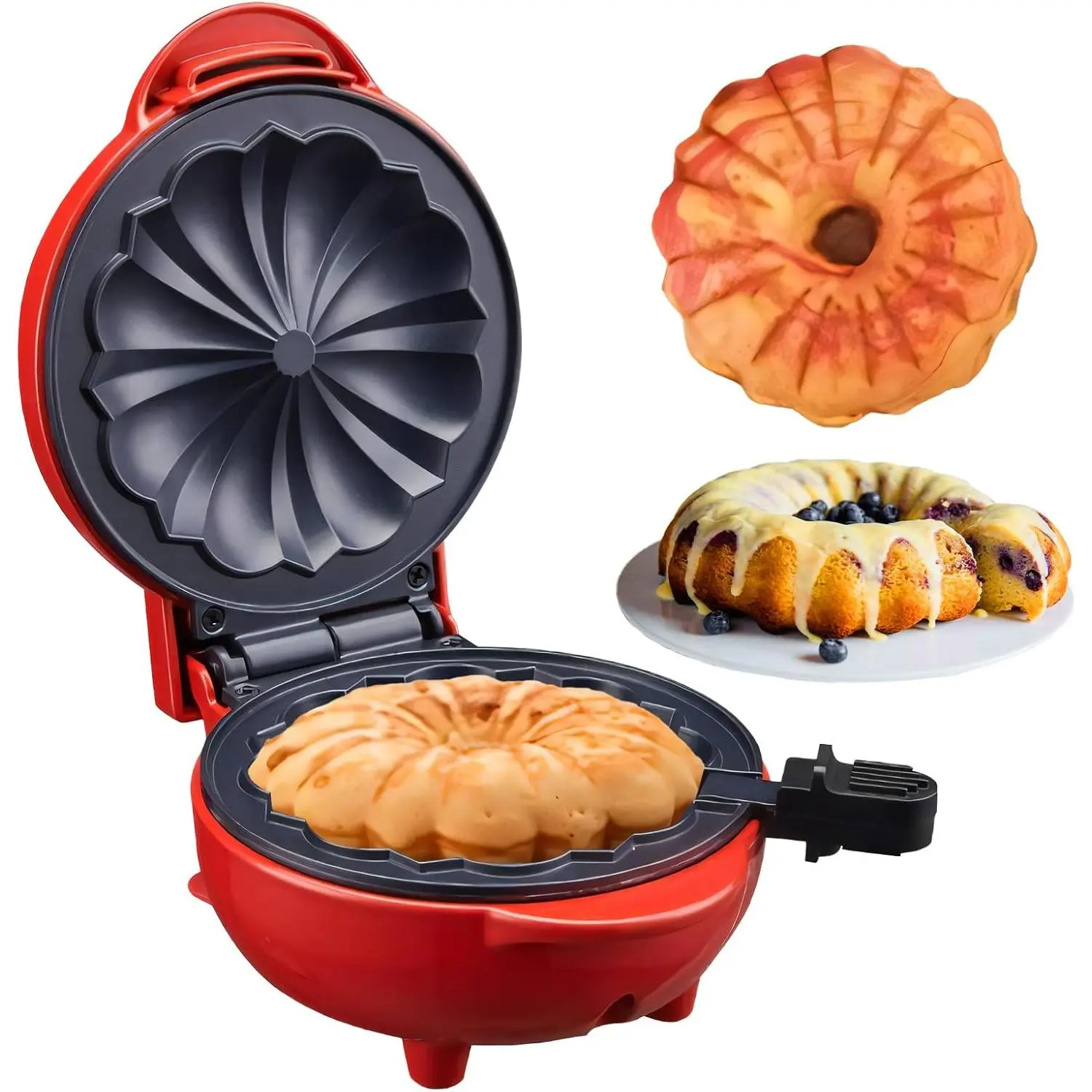 Mini Cake Maker, Portable Mini Bundt Cake Maker Double-Sided Heating, electric cupcake makers for Breakfast, Cake, Snacks (Red)
