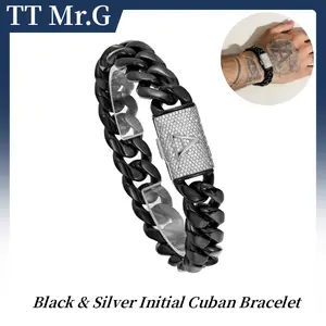 Black Stainless Steel Cuban Link Bracelet for Men, 14mm Heavy Chain with Silver A–Z Initial Clasp, Gothic Punk Hip Hop Style Personalized Statement Gift for Him summerwins