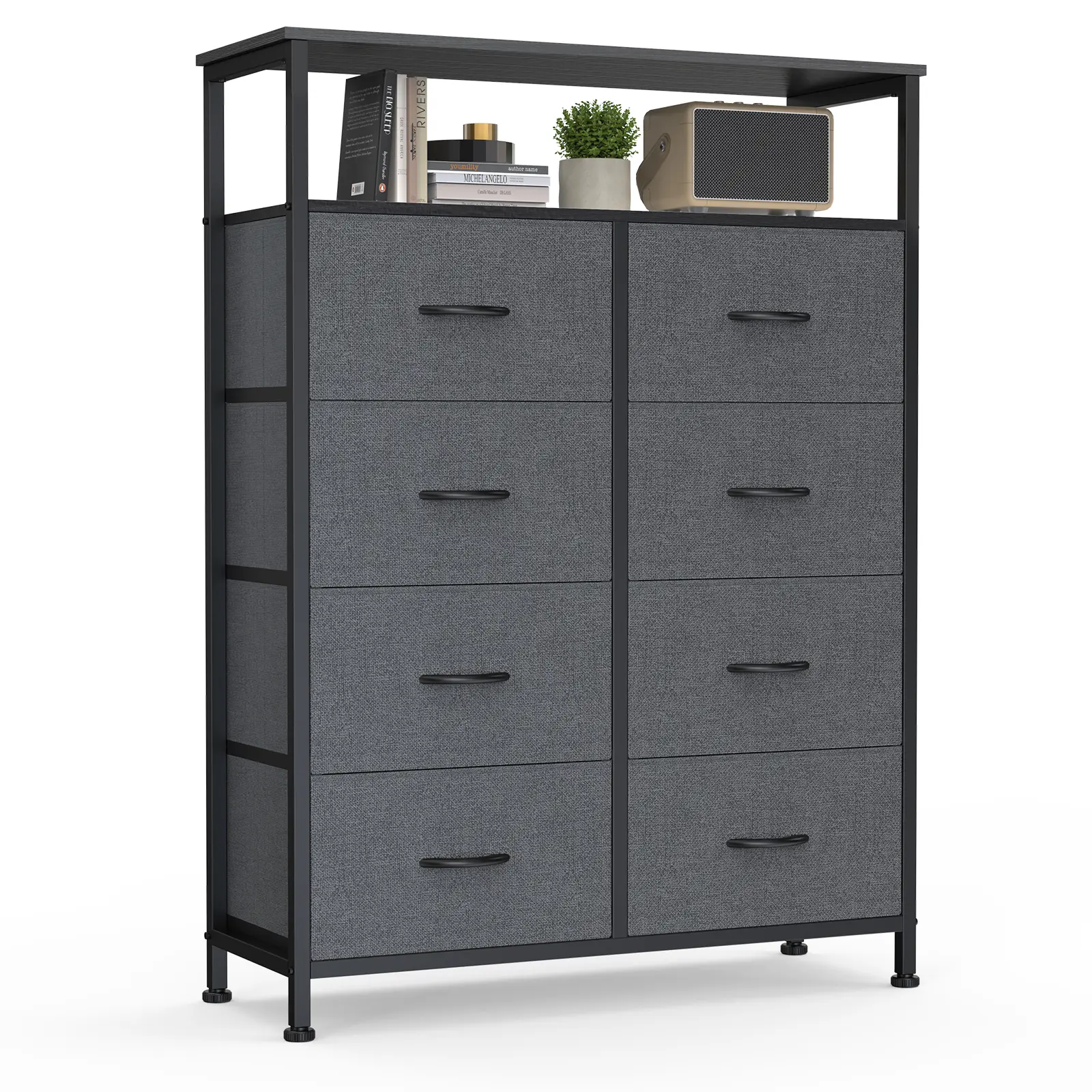 8 Wooden Top TV Stand with Charging Station Raised Shelf TV Media Console Table for Up to 45 inch TV Entertainment Center with Fabric Drawers for Living Room Hallway
